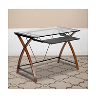 Emma+Oliver Glass Computer Desk-Pull-Out Keyboard Tray & Crisscross Frame