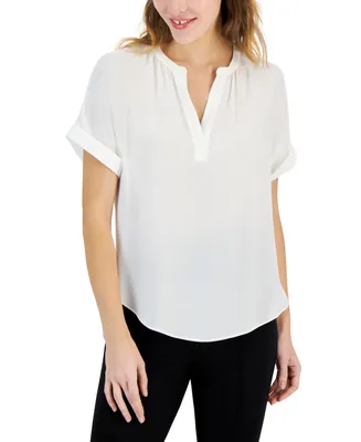 T Tahari Women's Split-Neck Rolled-Cuff Top