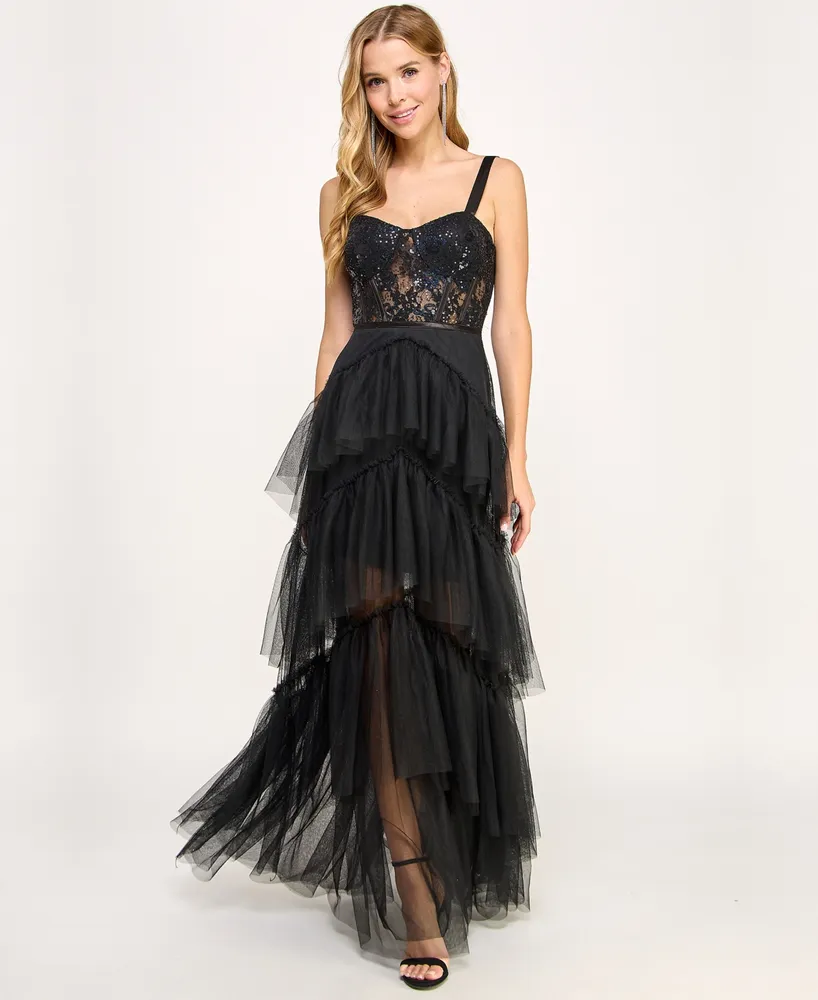 City Studios Juniors' Ruffle-Tiered Sequin-Lace Gown, Created for