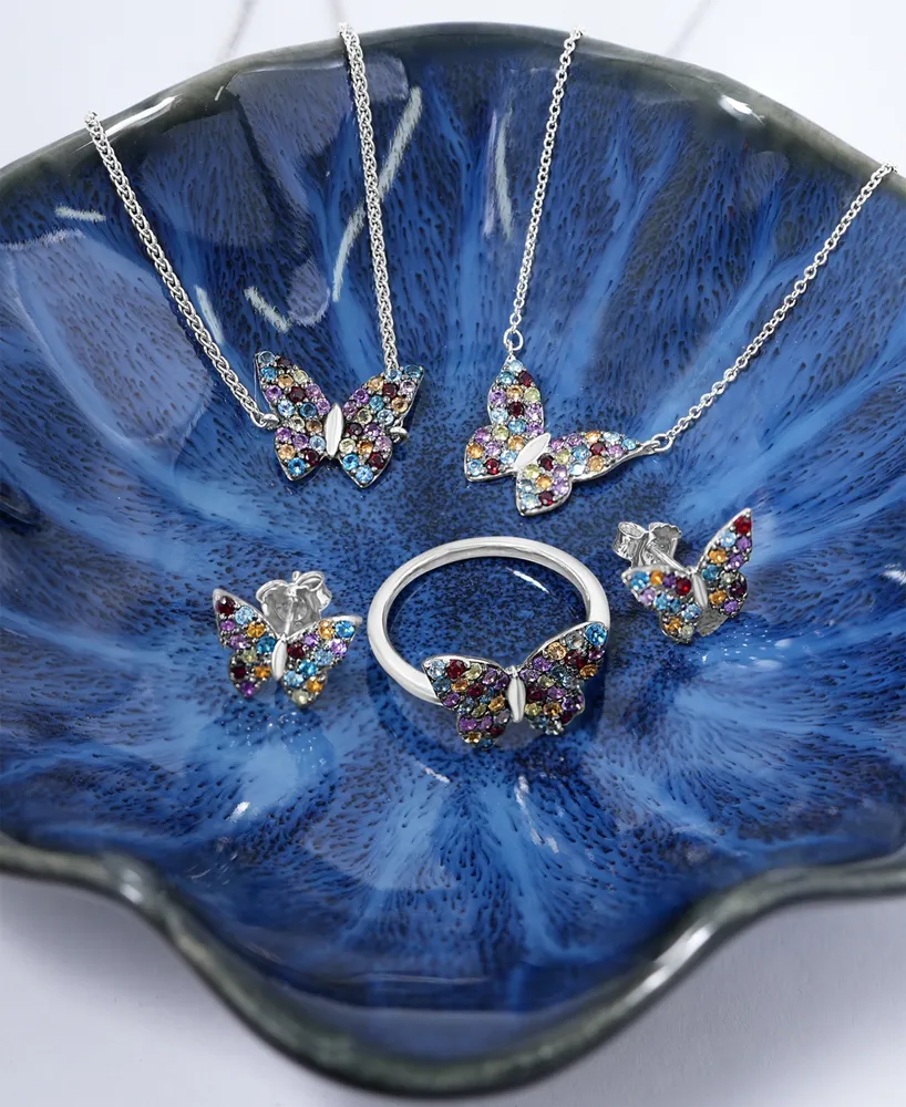 Multi-Gemstone Butterfly 17" Pendant Necklace (7/8 ct. t.w.) in Sterling Silver