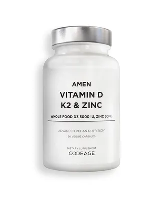 Amen Vitamin D, K2 & Zinc, Cholecalciferol D3 5000 Iu, Organic Whole Food Blend with Apple, Blueberry, Cranberry, Elderberry Powder Fruits, D3 K2 Vita