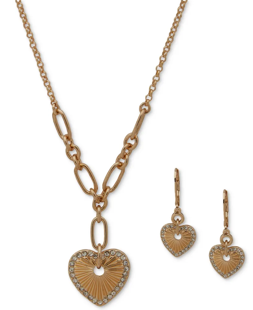 Anne Klein Gold-Tone Pave Textured Heart Lariat Necklace & Drop Earrings Set