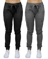 Galaxy By Harvic Women's Loose Fit Cotton Stretch Twill Cargo Joggers Set, 2 Pack