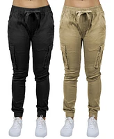Galaxy By Harvic Women's Loose Fit Cotton Stretch Twill Cargo Joggers Set, 2 Pack