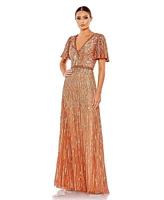 Women's Embellished V Neck Butterfly Sleeve Column Gown