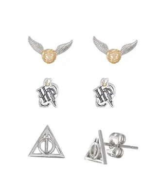 Harry Potter Silver Plated Stud Earrings Set Hp, Deathly Hallows, and Golden Snitch- 3 Pairs