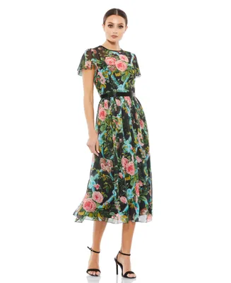 Women's Floral Illusion Cap Sleeve Midi Dress