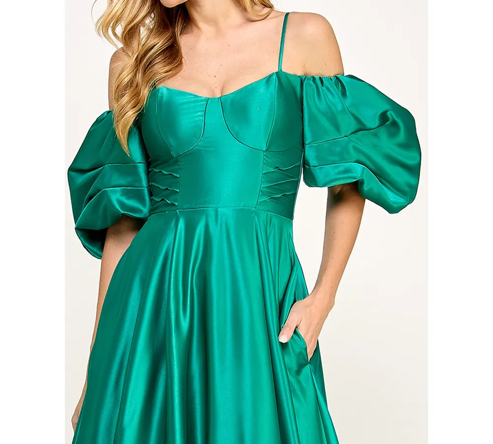 City Studios Juniors' Off the Shoulder Satin Puff-Sleeve Sweetheart Gown