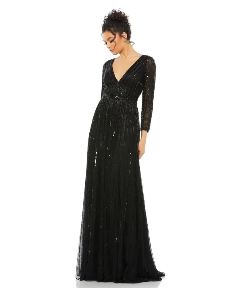 Women's Sequined V Neck Illusion Sleeve A Line Gown