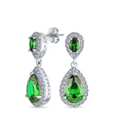Green Simulated Emerald Pave Cz Halo Teardrop Pear Shape Dangle Drop Statement Earrings For Women Prom Rhodium Plated Brass