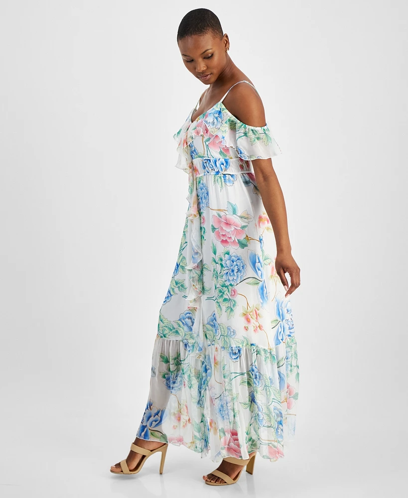 Guess Women's Floral-Print Ruffled Cold-Shoulder Tiered Maxi Dress