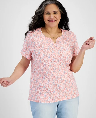 Style & Co Plus Short-Sleeve Henley Printed Top, Created for Macy's