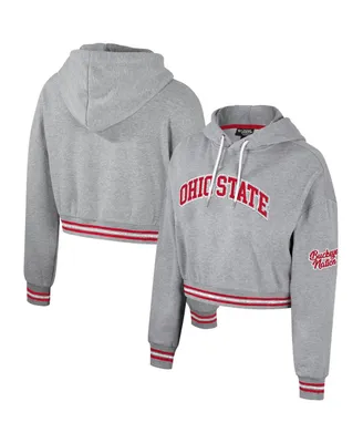 Women's The Wild Collective Heather Gray Distressed Ohio State Buckeyes Cropped Shimmer Pullover Hoodie