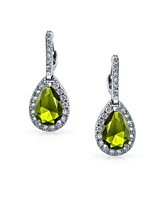 Bling Jewelry 7CT Halo Simulated Olive Green Peridot Cubic Zirconia Cz Formal Huggie Snap Hinge Dangle Drop Teardrop Earrings Prom Bridesmaid Wedding