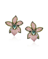 3D Green Pink Orchid Flower Shaped Pave Cz Large Stud Earrings For Women Cubic Zirconia Rhodium Plated Brass