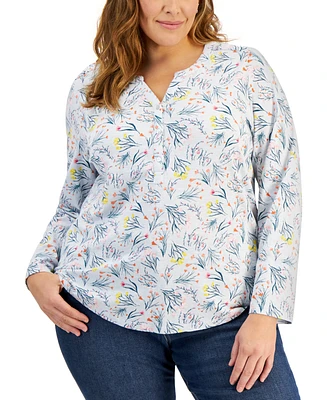 Style & Co Plus Printed Split-Neck Top, Created for Macy's