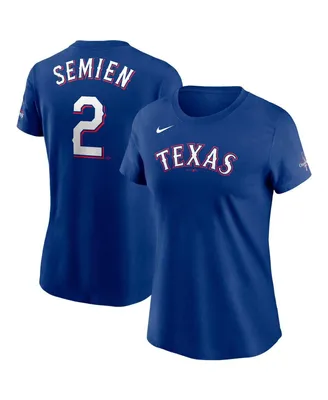 Women's Nike Marcus Semien Royal Texas Rangers 2023 World Series Champions Name and Number T-shirt