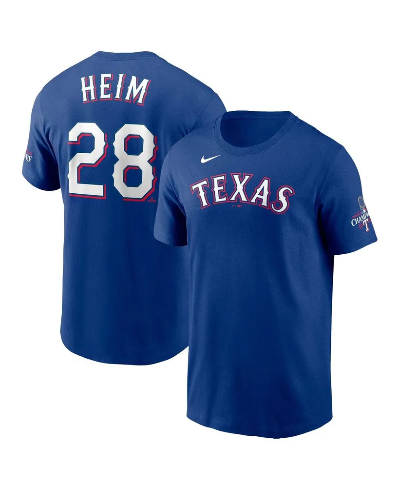 Men's Nike Jonah Heim Royal Texas Rangers 2023 World Series Champions Name and Number T-shirt