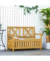 Outsunny 45.25" Patio Loveseat Wooden Bench for Two Person, 29 Gallon Outdoor Storage Bench, Large Entryway Deck Box w/ Unique X
