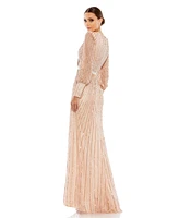 Women's Sequined Wrap Over Bishop Sleeve Gown