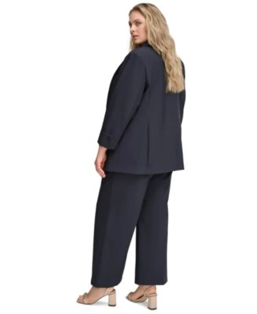 Calvin Klein Plus Size Infinite Stretch Open Front Jacket Check Flutter Sleeve Blouse Scuba Crepe Wide Leg Pants