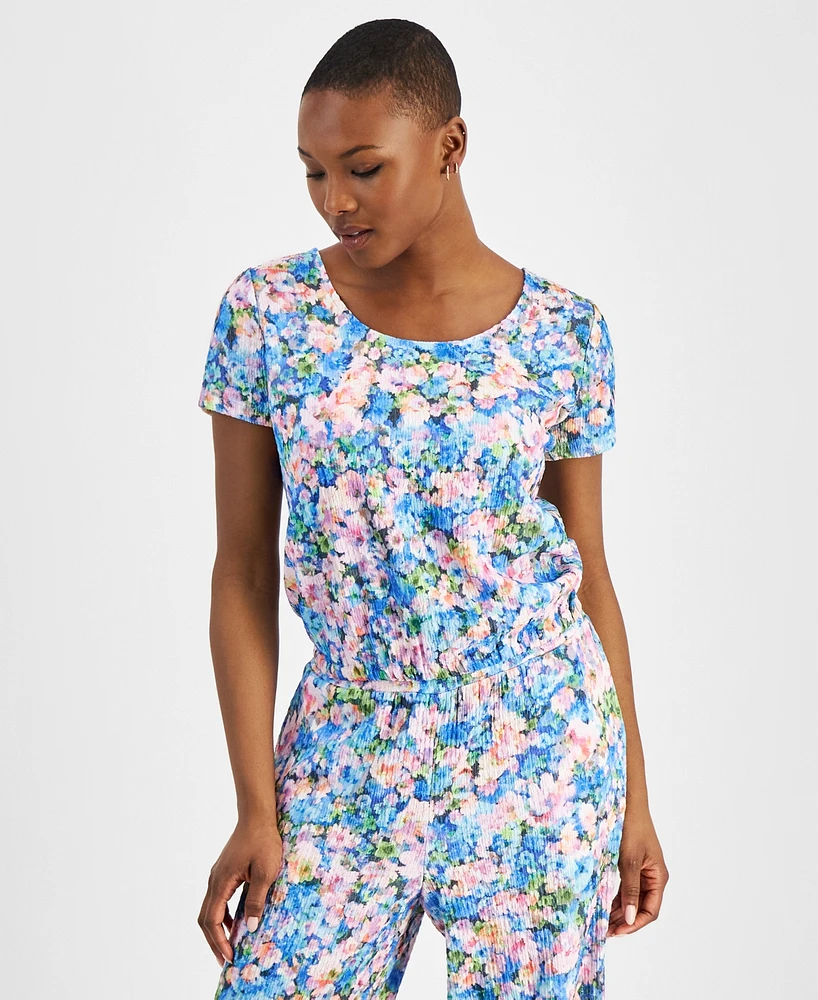 Bar Iii Petite Floral-Print Round-Neck Short-Sleeve Top, Created for Macy's
