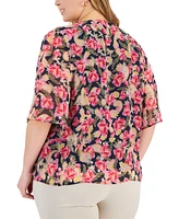 Jm Collection Plus Size Oaklyn Floral-Print Flutter-Sleeve Necklace Top, Created for Macy's