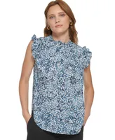 Dkny Petite Printed Ruffle-Trim Half-Placket Blouse