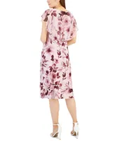 Connected Petite Printed Round-Neck Overlay Midi Dress