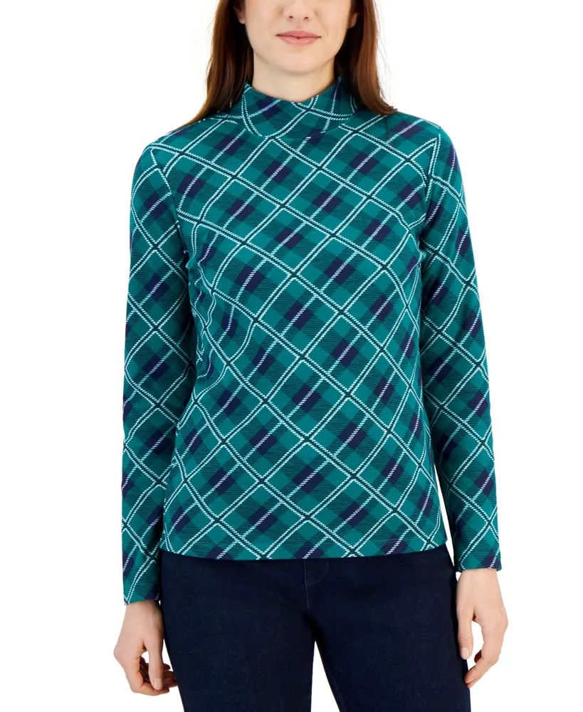 Karen Scott Women's Plaid Mock-Neck Top, Created for Macy's