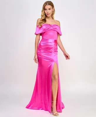 B Darlin Juniors' Satin Ruched Off-The-Shoulder Gown