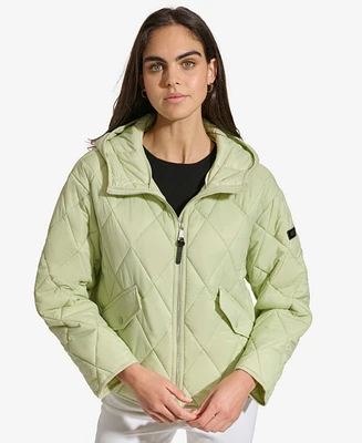 Dkny Women's Cropped Hooded Diamond Quilted Coat