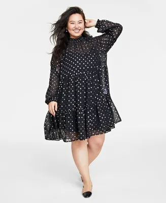 On 34th Plus Size Floral-Print High-Neck Tiered Mini Dress, Created for Macy's