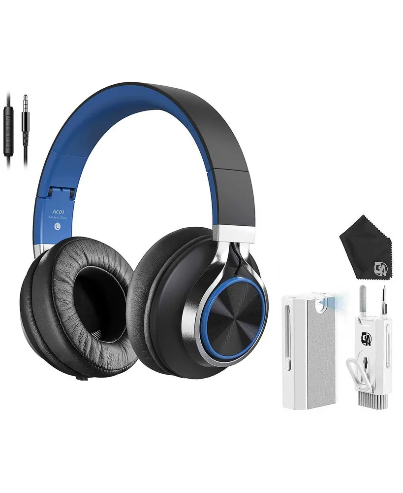 AC01 Wired Black Blue Noise Isolating Over Ear Headphone + Microphone Volume Control 3.5mm