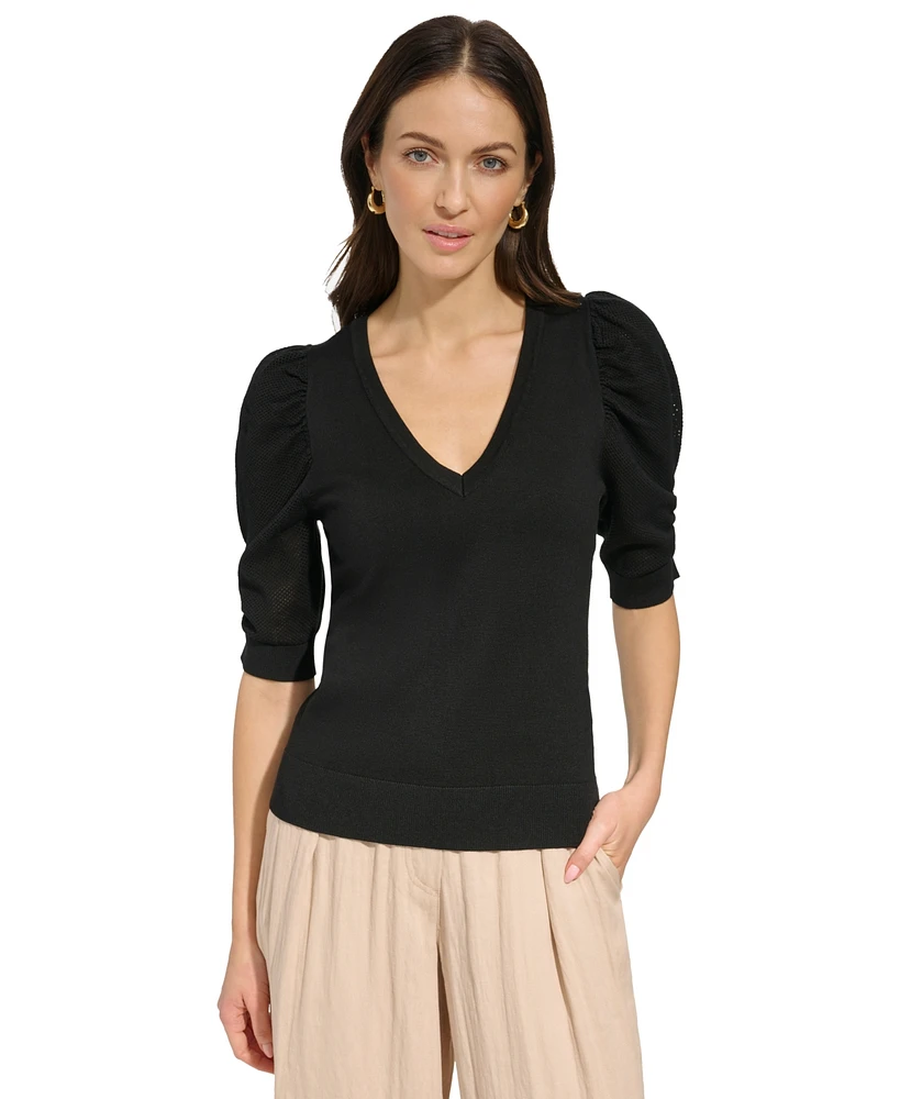 Dkny Women's Puff-Sleeve V-Neck Sweater