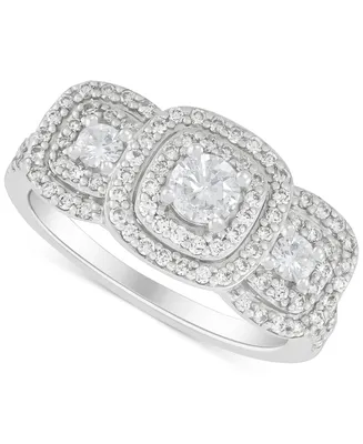 Diamond Halo Three Stone Ring (1 ct. t.w.) in 14k White Gold