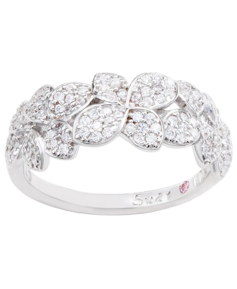 Suzy Levian New York Sterling Silver Cubic Zirconia Multi Flower Band Ring