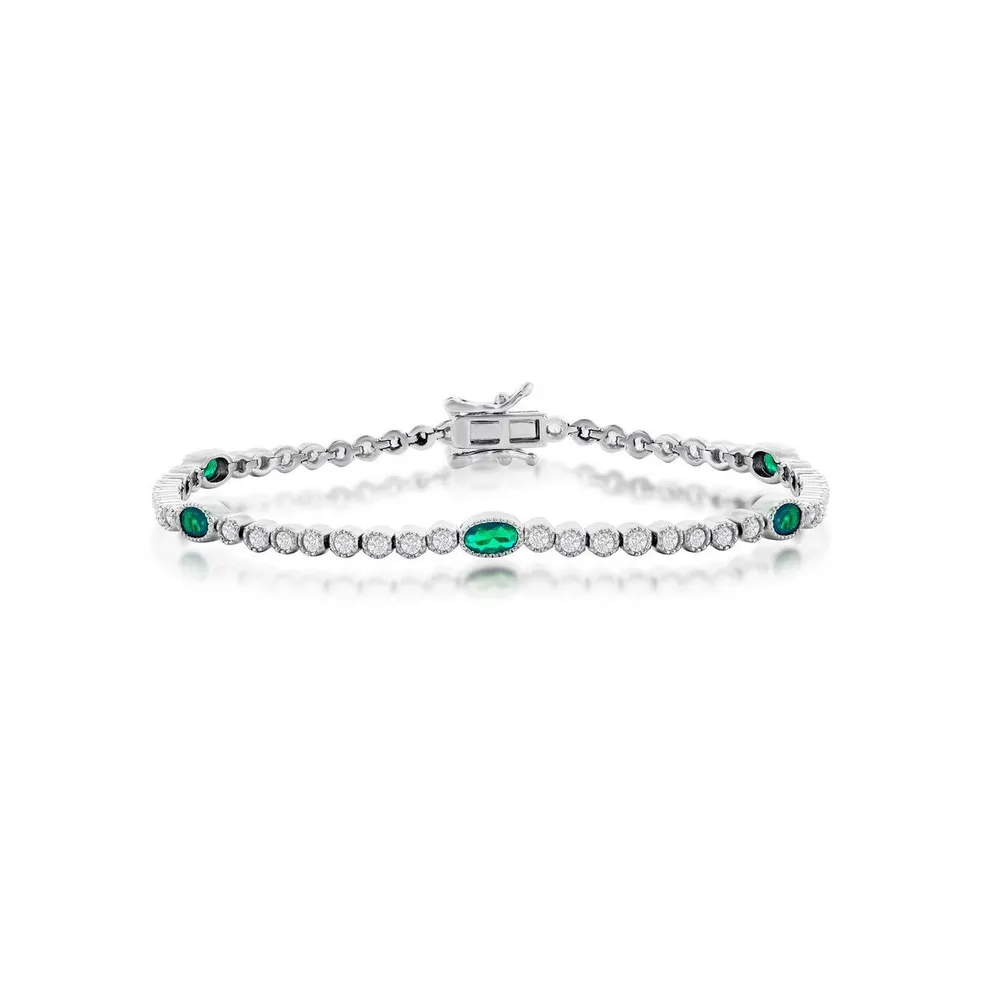 Sterling Silver Beaded Outline Round & Oval Cz Bracelet (Green, Blue, Or Red)
