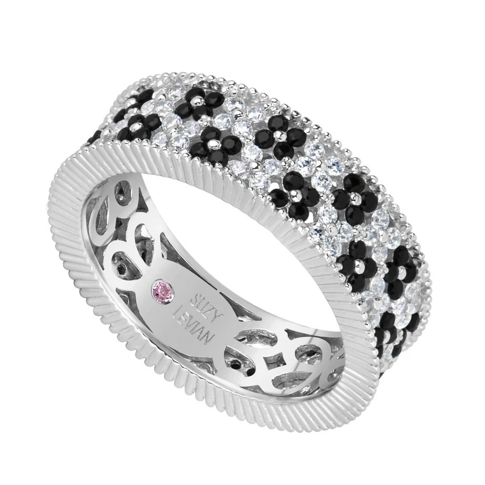 Suzy Levian New York Sterling Silver Cubic Zirconia Double Floral Eternity Band Ring