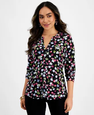 I.n.c. International Concepts Petite Floral-Print Zipper-Pocket Top, Created for Macy's