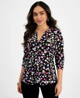 I.n.c. International Concepts Petite Floral-Print Zipper-Pocket Top, Created for Macy's