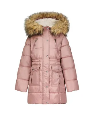 Girl's Faux Fur Trim Warm Winter Parka Coat with Cinch Waist, Kids