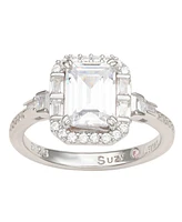 Suzy Levian Sterling Silver Emerald Cut Cubic Zirconia Multi-Cut Center Stone Ring