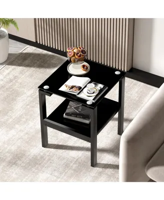 Black Glass Clear Side End Table, 2-Tier Space End Table, Corner Table