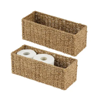 mDesign Small Woven Seagrass Bathroom Toilet Tank Basket, 2 Pack, Natural/Tan