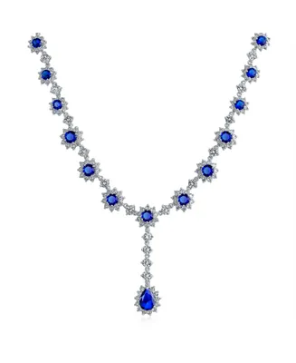 Antique Style Bridal Oval Crown Halo Aaa Cz Royal Blue Simulated Sapphire Y Collar Necklace For Women Wedding