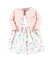 Hudson Baby Infant Girl Cotton Dress and Cardigan Set, Pastel Sea