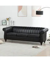 Simplie Fun 83.46" Pu Rolled Arm Chesterfield Three Seater Sofa