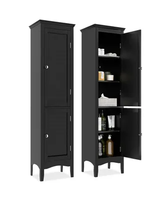 Tall Bathroom Floor Cabinet Narrow Linen Tower with 2 Doors & Adjustable Shelf