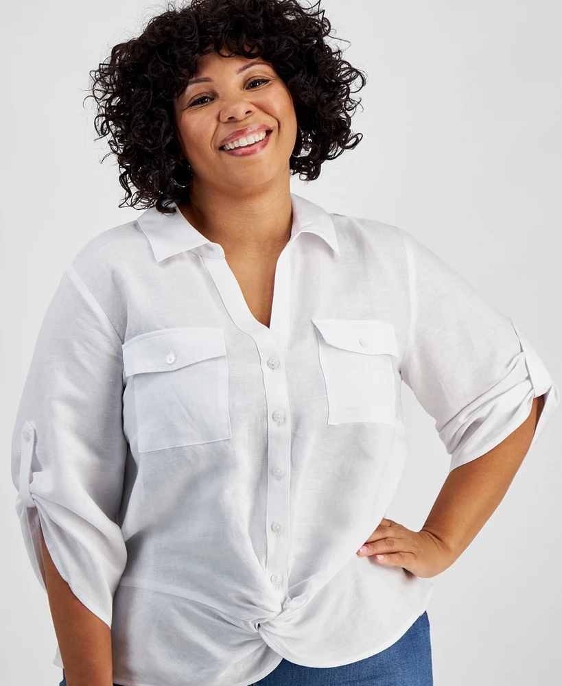 I.n.c. International Concepts Plus Size Linen Twist-Hem Shirt, Created for Macy's